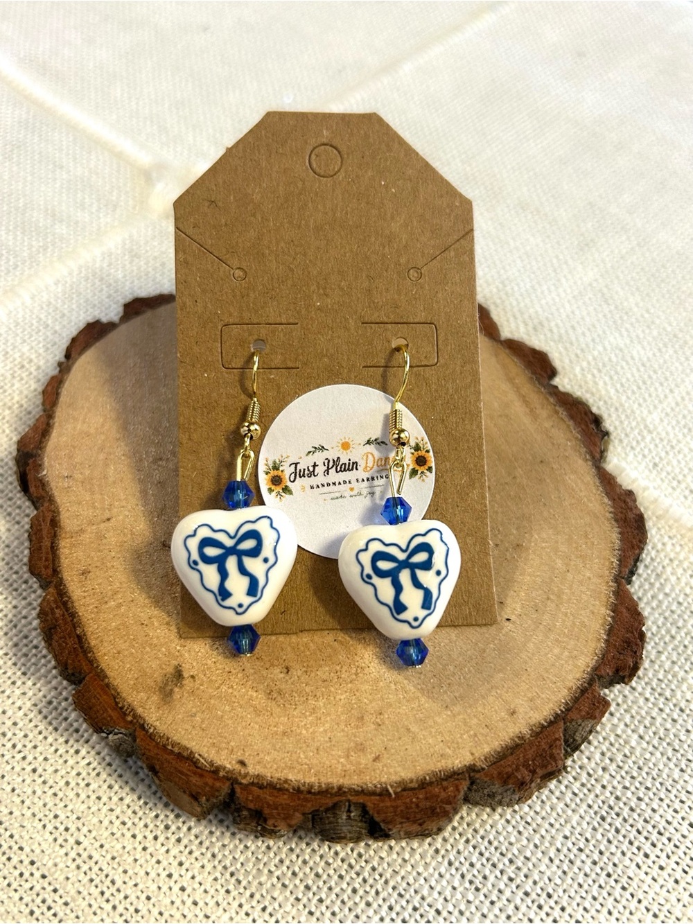 Blue & White Heart Bow Earrings | Handmade Cottagecore Earrings | New With Tag